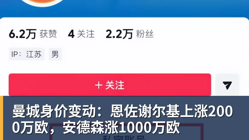 曼城身价变动：恩佐谢尔基上涨2000万欧，安德森涨1000万欧